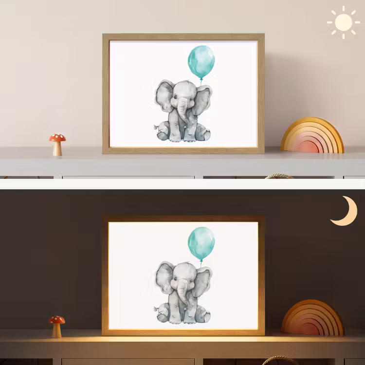 Olifant - Baby - Dieren - Blauwe ballon Light Box met batterij (Wandlamp kind) middel -sfeer3_kind