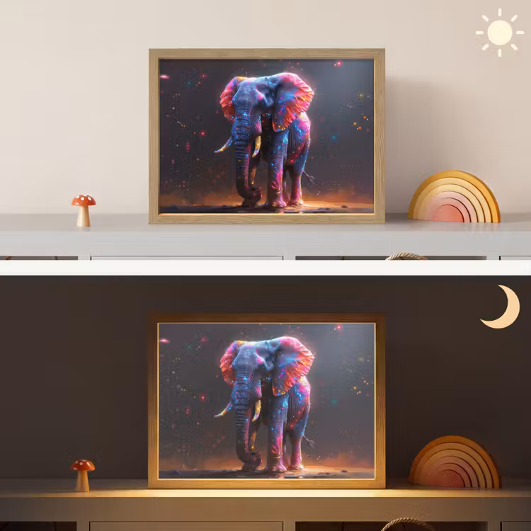 Olifant - Kleuren - Sterren - Dier Light Box met batterij (Wandlamp kind) middel -sfeer3_kind