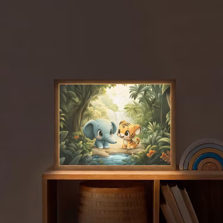 Olifant - Tijger - Bos - Jungle Light Box met batterij (Wandlamp kind) middel -sfeer1_kind