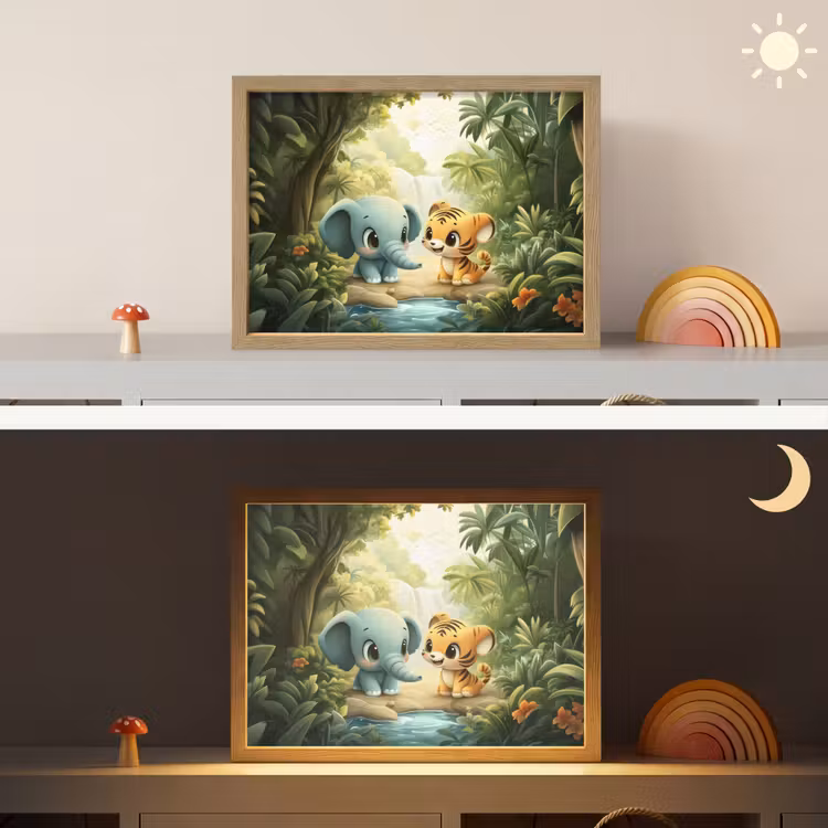 Olifant - Tijger - Bos - Jungle Light Box met batterij (Wandlamp kind) middel -sfeer3_kind
