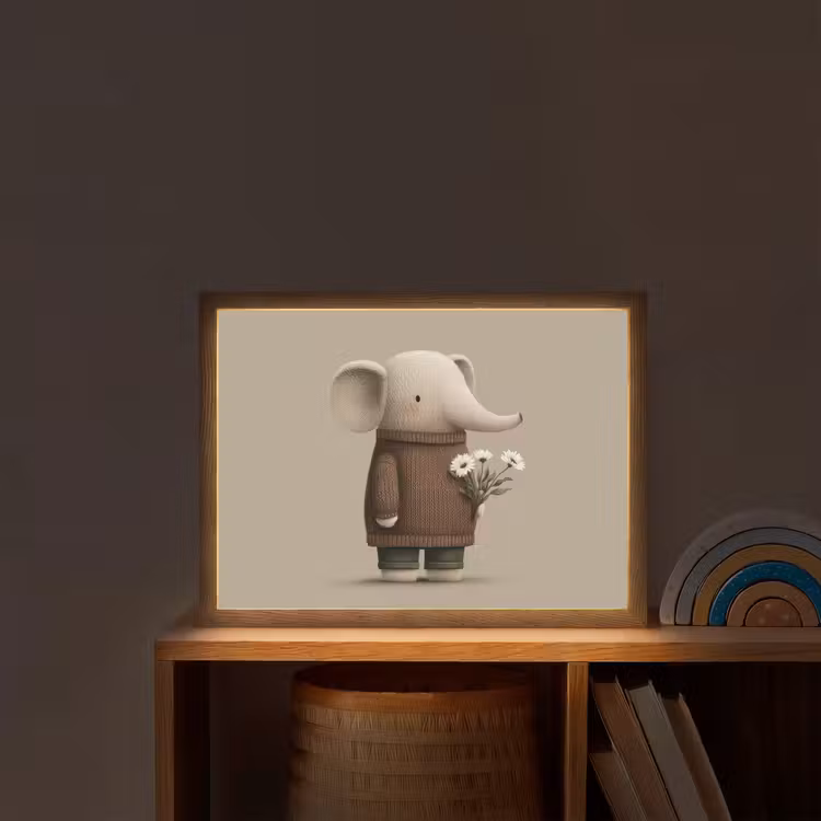 Olifant - Witte bloemen - Kindvriendelijk Light Box met batterij (Wandlamp kind) middel -sfeer1_kind