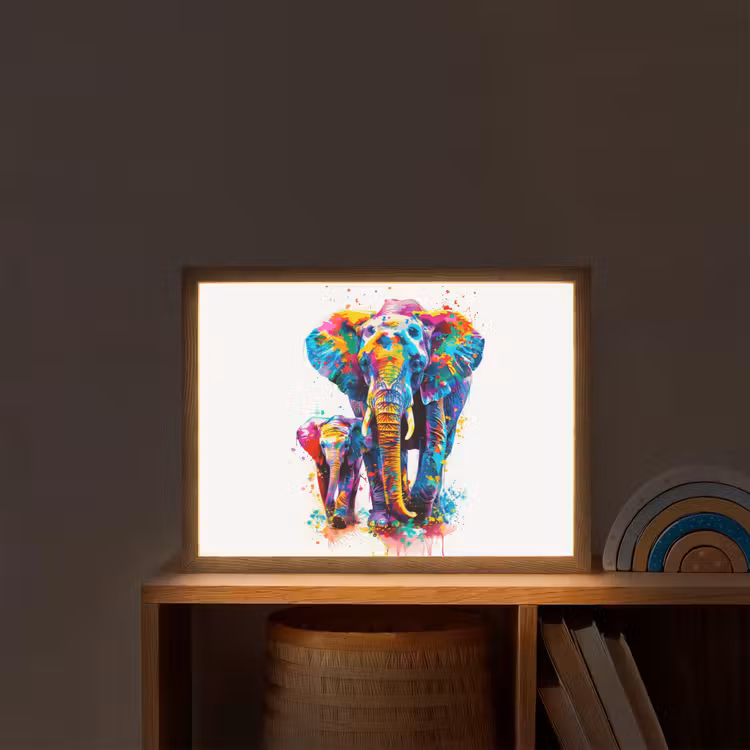 Olifanten - Dieren - Verf - Kleurrijk Light Box met batterij (Wandlamp kind) middel -sfeer1_kind