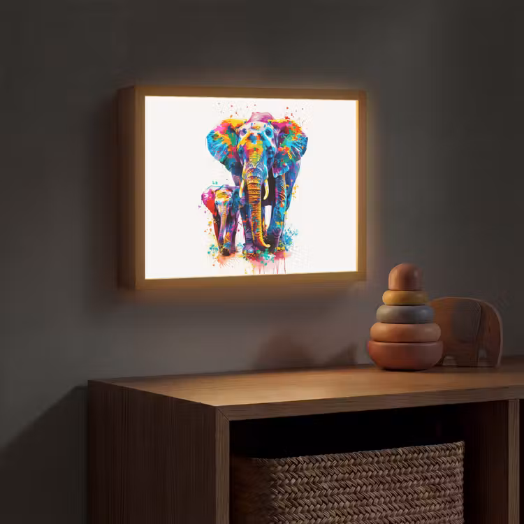 Olifanten - Dieren - Verf - Kleurrijk Light Box met batterij (Wandlamp kind) middel -sfeer5_kind