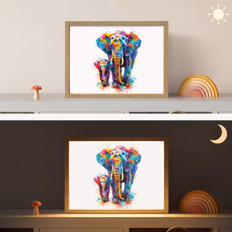 Olifanten - Dieren - Verf - Kleurrijk Light Box met batterij (Wandlamp kind) middel -sfeer3_kind