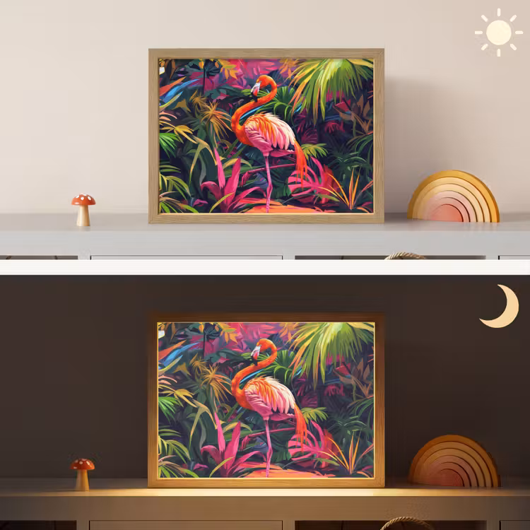 Flamingo - Tropisch - Dier - Bladeren Light Box met batterij (Wandlamp kind) middel -sfeer3_kind