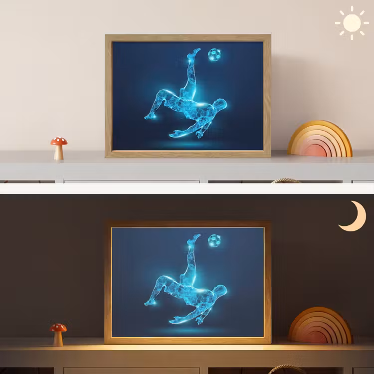 Voetballer - Blauw - Neon Light Box met batterij (Wandlamp kind) middel -sfeer3_kind