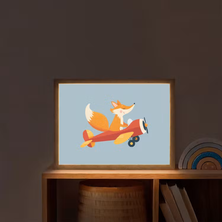 Vos - Vliegtuig - Blauw Light Box met batterij (Wandlamp kind) middel -sfeer1_kind