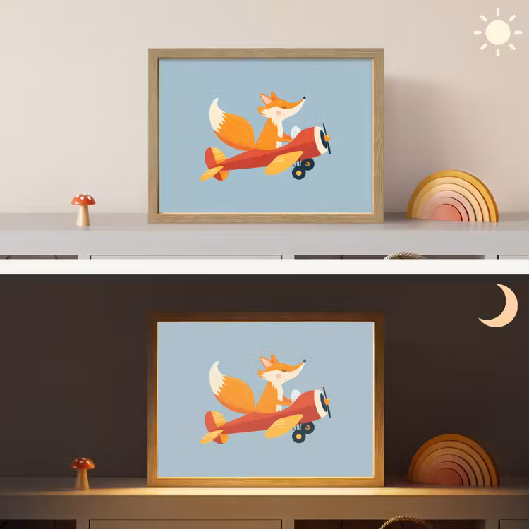 Vos - Vliegtuig - Blauw Light Box met batterij (Wandlamp kind) middel -sfeer3_kind