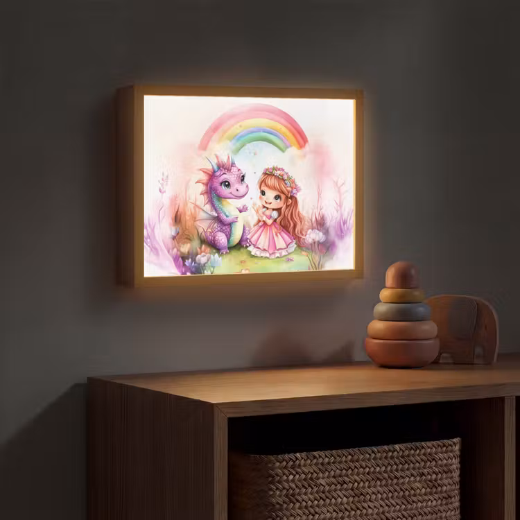 Meisje - Draak - Regenboog Light Box met batterij (Wandlamp kind) middel -sfeer5_kind