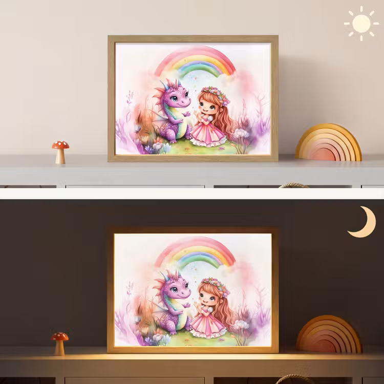 Meisje - Draak - Regenboog Light Box met batterij (Wandlamp kind) middel -sfeer3_kind