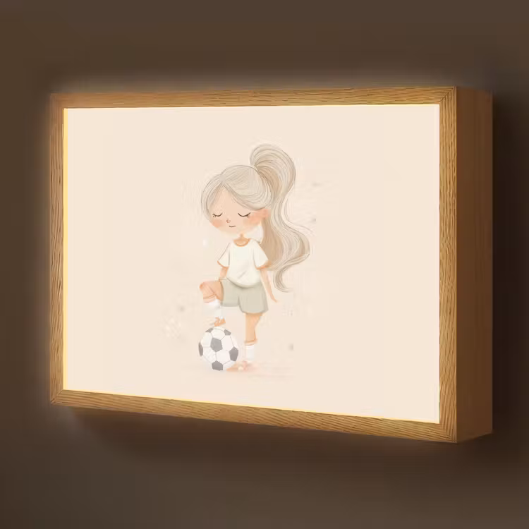 Meisje - Voetbal - Beige Light Box met batterij (Wandlamp kind) middel -z3d_website