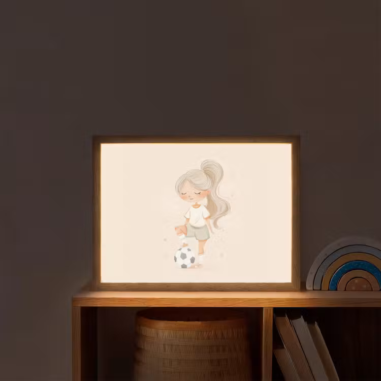 Meisje - Voetbal - Beige Light Box met batterij (Wandlamp kind) middel -sfeer1_kind