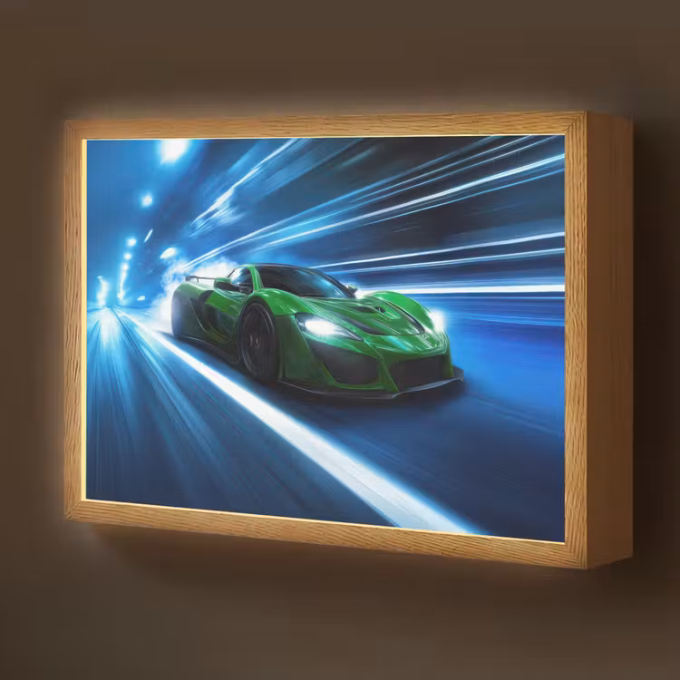 Groene racewagen - Blauw - Neon - Licht Light Box met batterij (Wandlamp kind) middel -z3d_website