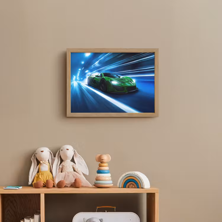Groene racewagen - Blauw - Neon - Licht Light Box met batterij (Wandlamp kind) middel -sfeer2_kind
