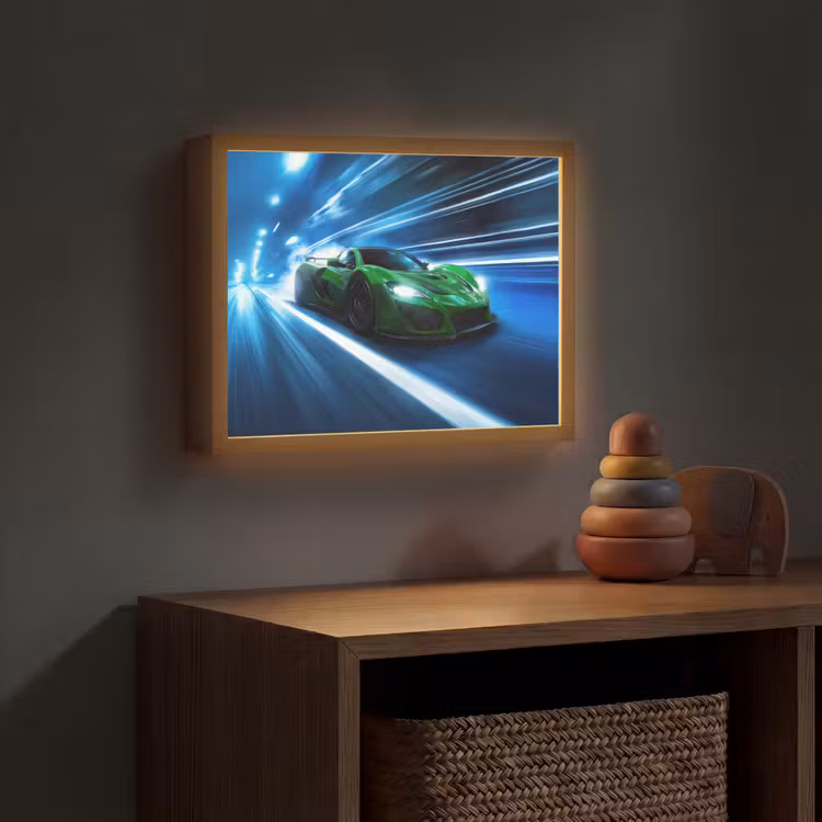 Groene racewagen - Blauw - Neon - Licht Light Box met batterij (Wandlamp kind) middel -sfeer5_kind