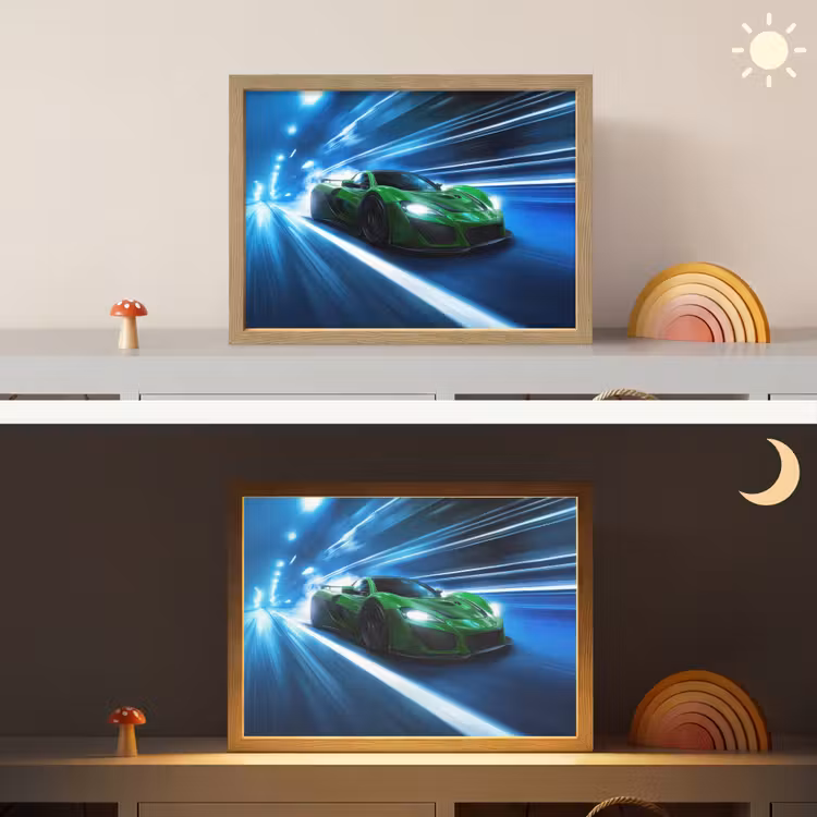 Groene racewagen - Blauw - Neon - Licht Light Box met batterij (Wandlamp kind) middel -sfeer3_kind