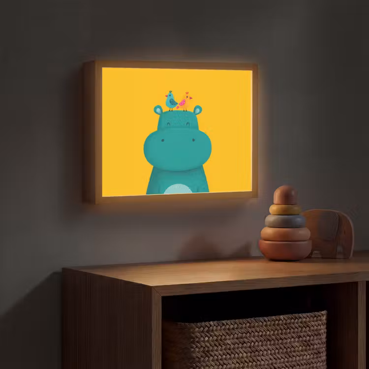 Nijlpaard - Vogels - Groen - Geel Light Box met batterij (Wandlamp kind) middel -sfeer5_kind