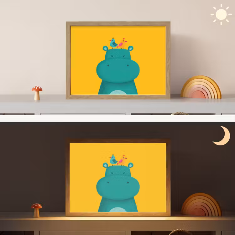 Nijlpaard - Vogels - Groen - Geel Light Box met batterij (Wandlamp kind) middel -sfeer3_kind