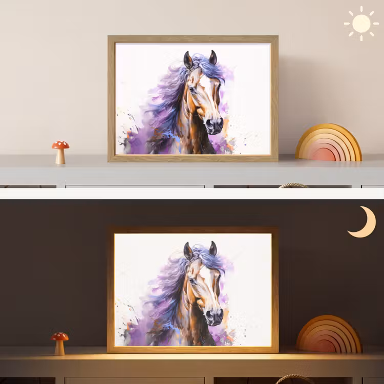 Paard - Dieren - Meiden - Paars - Bruin Light Box met batterij (Wandlamp kind) middel -sfeer3_kind