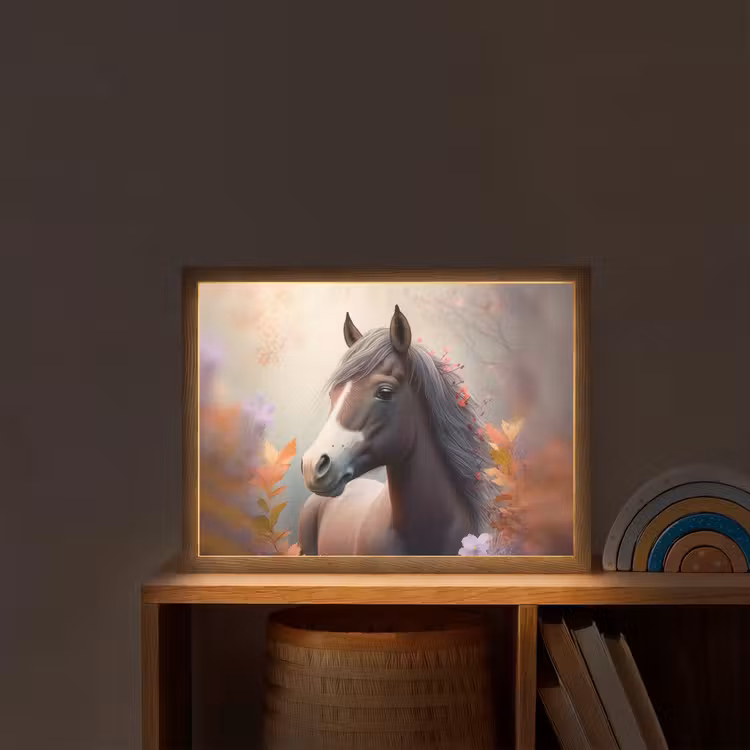 Paard - Bloemen - Natuur - Paars - Dieren Light Box met batterij (Wandlamp kind) middel -sfeer1_kind