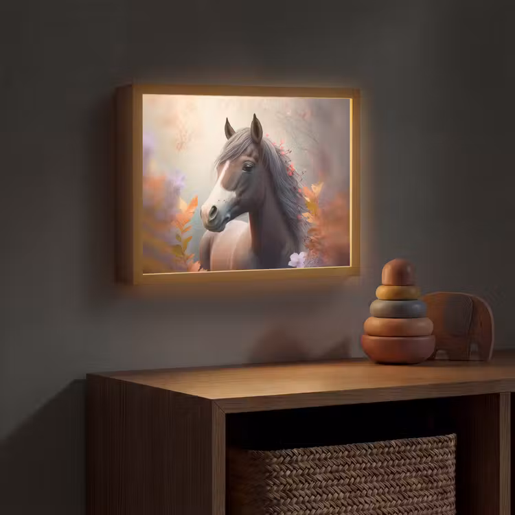 Paard - Bloemen - Natuur - Paars - Dieren Light Box met batterij (Wandlamp kind) middel -sfeer5_kind