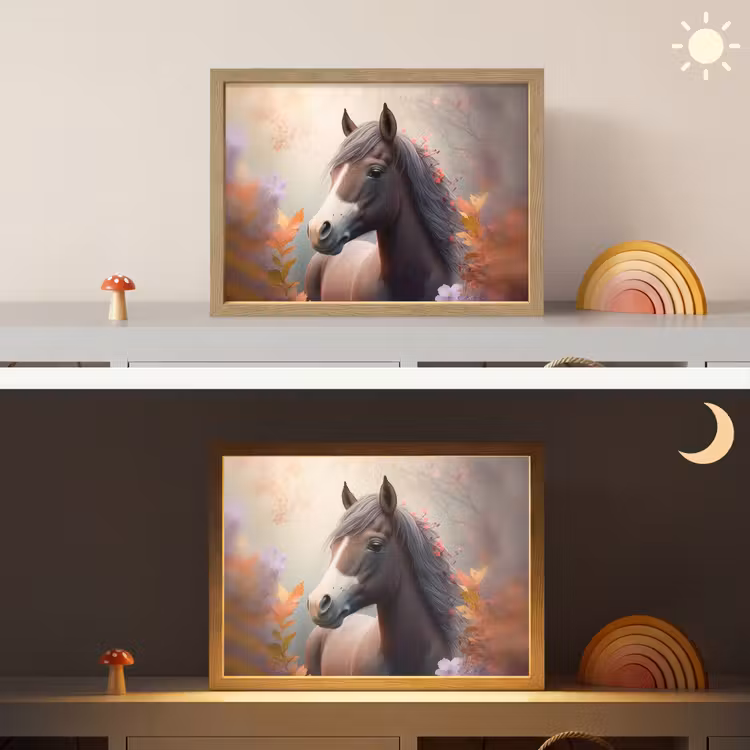 Paard - Bloemen - Natuur - Paars - Dieren Light Box met batterij (Wandlamp kind) middel -sfeer3_kind