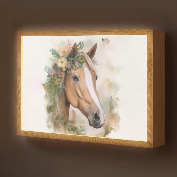 Paard - Bloemen - Natuur - Waterverf - Dieren Light Box met batterij (Wandlamp kind) middel -z3d_website