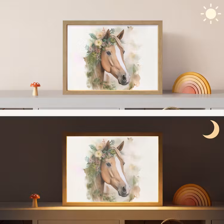 Paard - Bloemen - Natuur - Waterverf - Dieren Light Box met batterij (Wandlamp kind) middel -sfeer3_kind