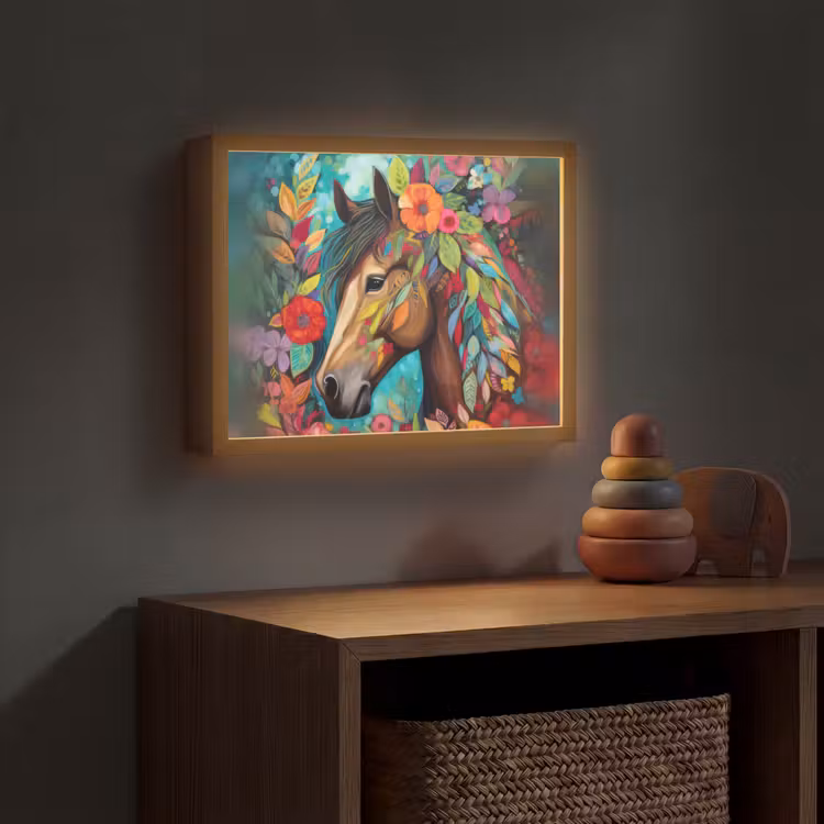 Paard - Bloemen - Schilderij - Natuur - Verf Light Box met batterij (Wandlamp kind) middel -sfeer5_kind
