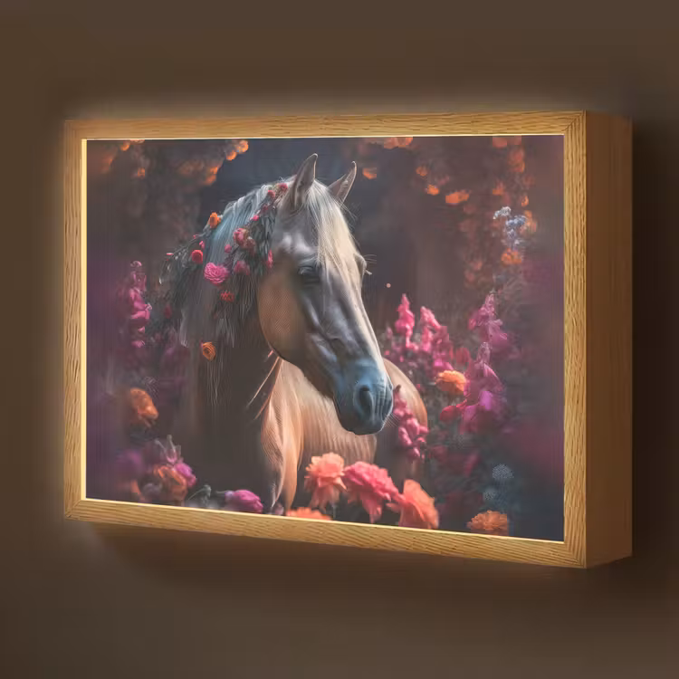 Paard - Bloemen - Paars - Oranje - Dieren Light Box met batterij (Wandlamp kind) middel -z3d_website