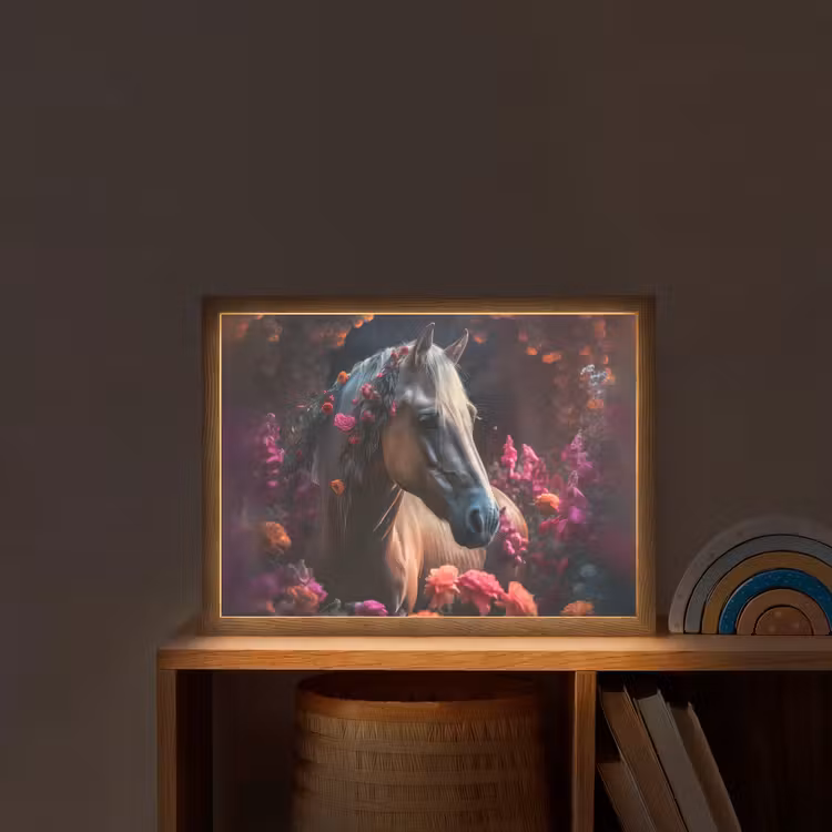 Paard - Bloemen - Paars - Oranje - Dieren Light Box met batterij (Wandlamp kind) middel -sfeer1_kind
