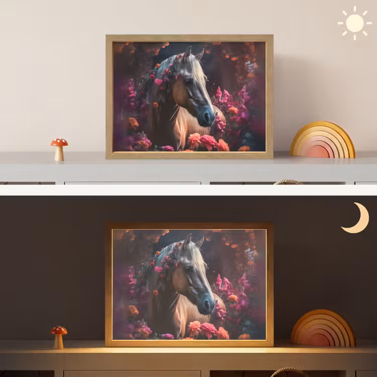 Paard - Bloemen - Paars - Oranje - Dieren Light Box met batterij (Wandlamp kind) middel -sfeer3_kind