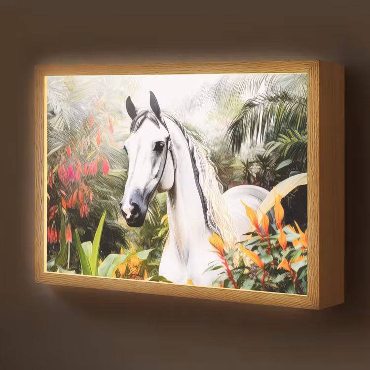 Paard - Wit - Bos - Bloemen - Planten Light Box met batterij (Wandlamp kind) middel -z3d_website