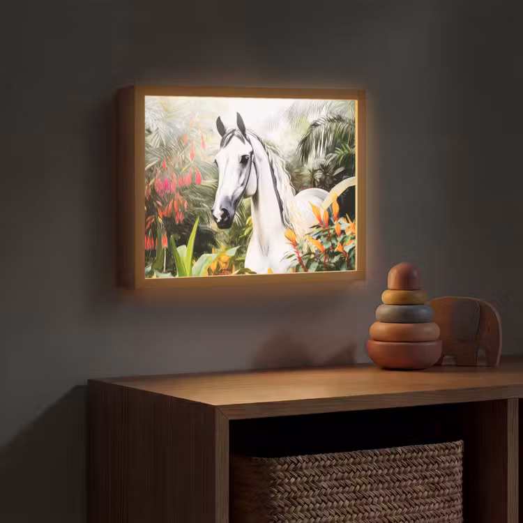 Paard - Wit - Bos - Bloemen - Planten Light Box met batterij (Wandlamp kind) middel -sfeer5_kind