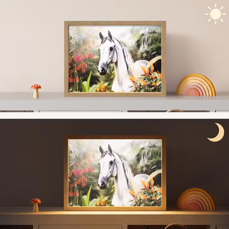 Paard - Wit - Bos - Bloemen - Planten Light Box met batterij (Wandlamp kind) middel -sfeer3_kind