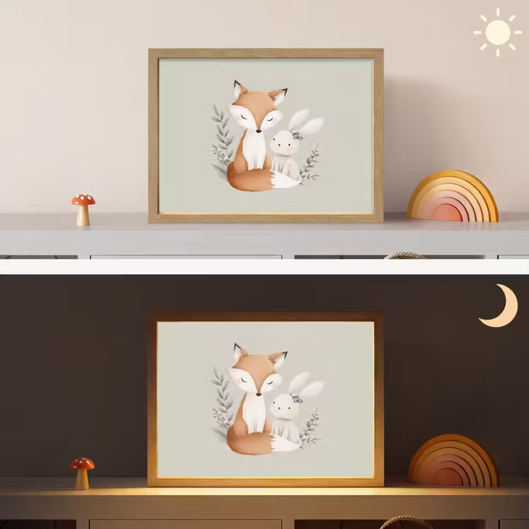Illustratie - Vos - Konijn - Bladeren Light Box met batterij (Wandlamp kind) middel -sfeer3_kind
