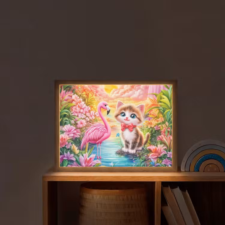 Kitten - Flamingo - Bloemen Light Box met batterij (Wandlamp kind) middel -sfeer1_kind