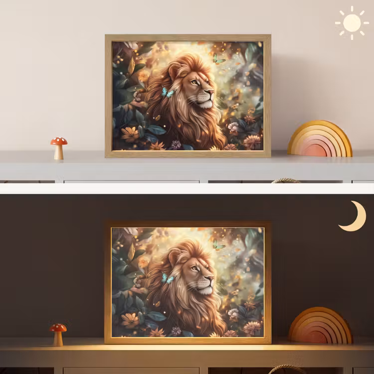 Leeuw - Dieren - Bloemen - Jungle Light Box met batterij (Wandlamp kind) middel -sfeer3_kind
