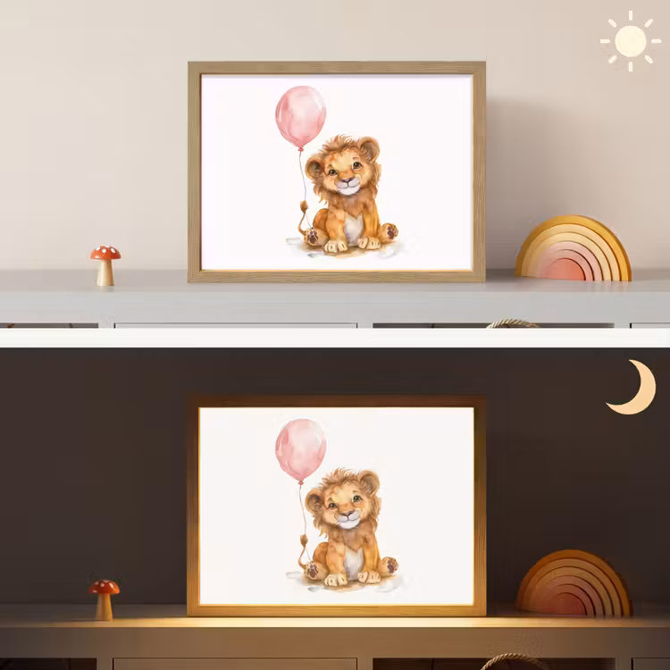 Leeuw - Baby dier - Dieren - Roze ballon Light Box met batterij (Wandlamp kind) middel -sfeer3_kind