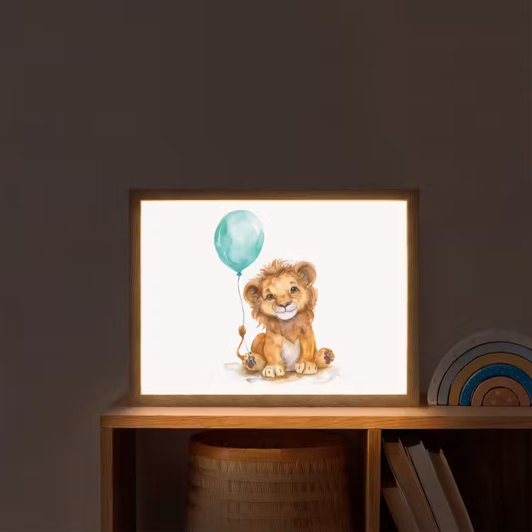 Leeuw - Baby dier - Blauwe ballon Light Box met batterij (Wandlamp kind) middel -sfeer1_kind
