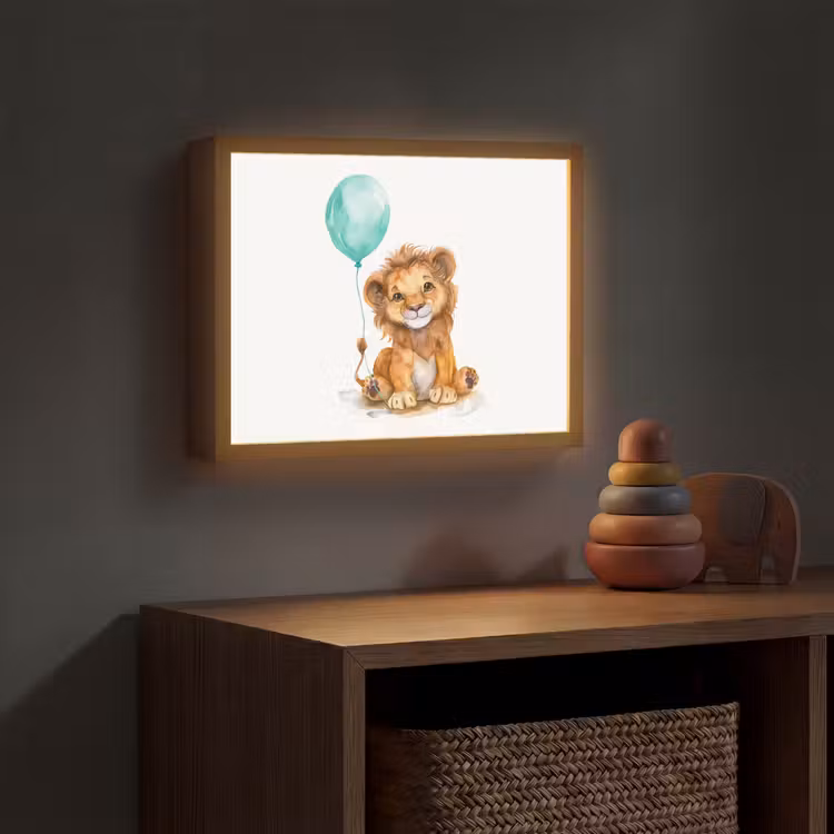 Leeuw - Baby dier - Blauwe ballon Light Box met batterij (Wandlamp kind) middel -sfeer5_kind