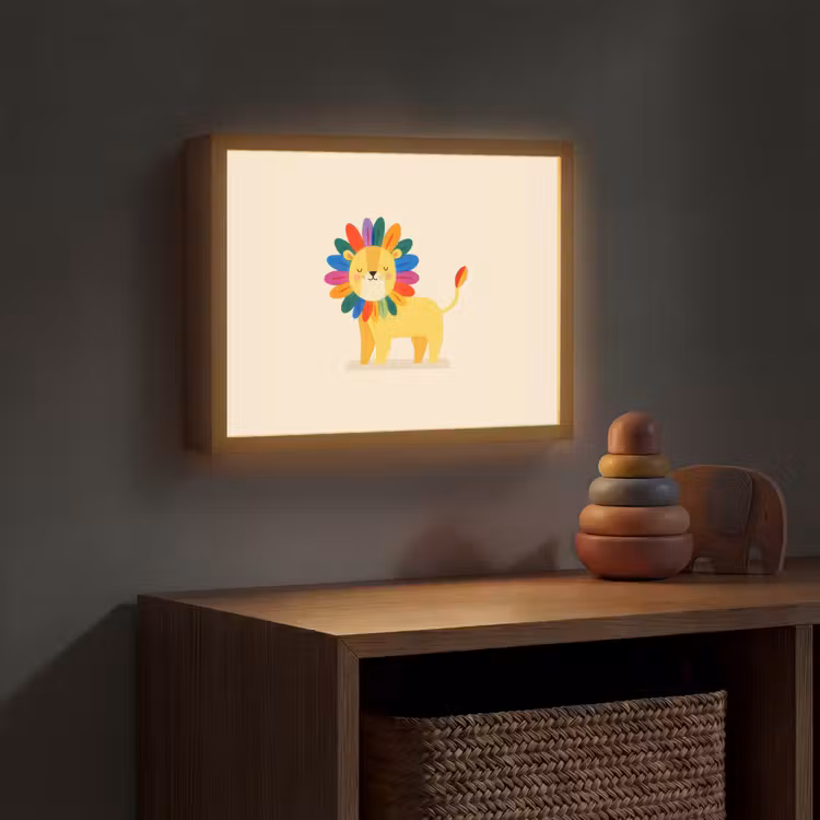 Leeuw - Kleurrijke manen - Beige Light Box met batterij (Wandlamp kind) middel -sfeer5_kind