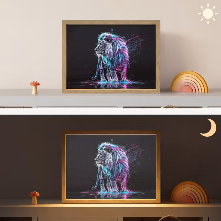 Leeuw - Kleuren - Zwart - Dieren Light Box met batterij (Wandlamp kind) middel -sfeer3_kind