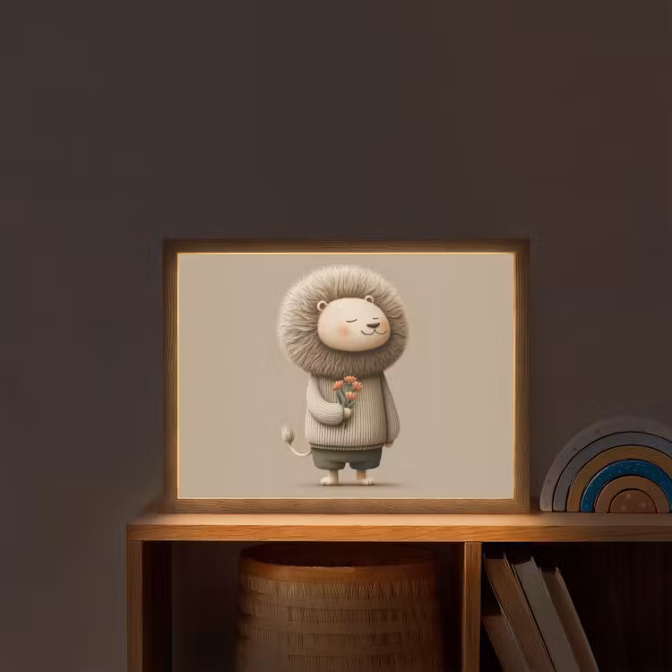 Leeuw - Oranje bloemen - Vriendelijk Light Box met batterij (Wandlamp kind) middel -sfeer1_kind