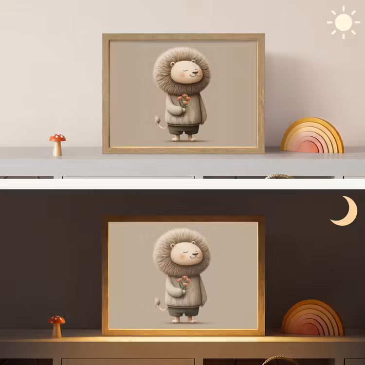 Leeuw - Oranje bloemen - Vriendelijk Light Box met batterij (Wandlamp kind) middel -sfeer3_kind
