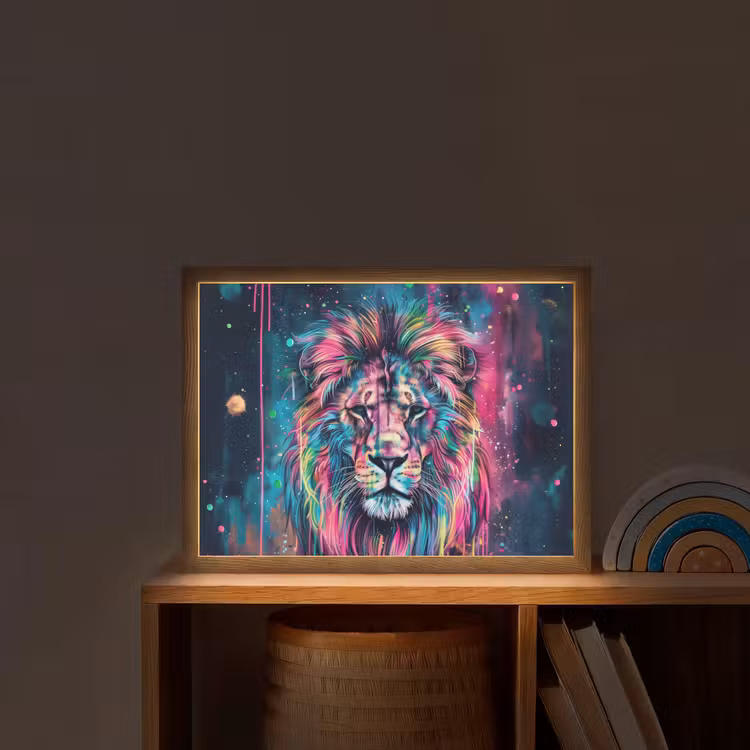 Leeuw - Verf - Kleurrijk - Zwart - Dieren Light Box met batterij (Wandlamp kind) middel -sfeer1_kind