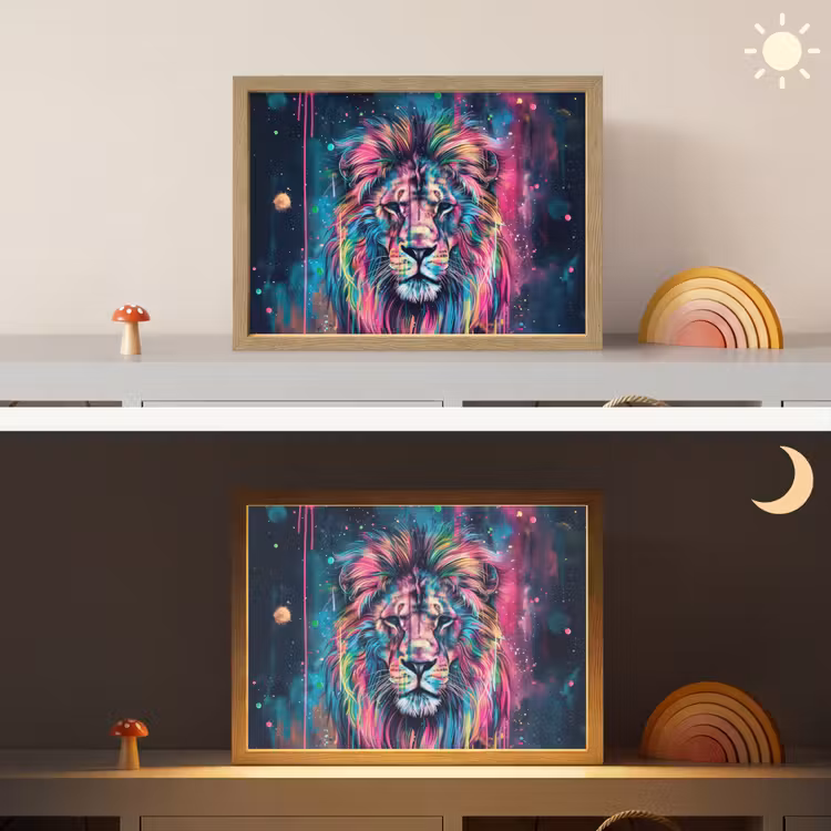 Leeuw - Verf - Kleurrijk - Zwart - Dieren Light Box met batterij (Wandlamp kind) middel -sfeer3_kind