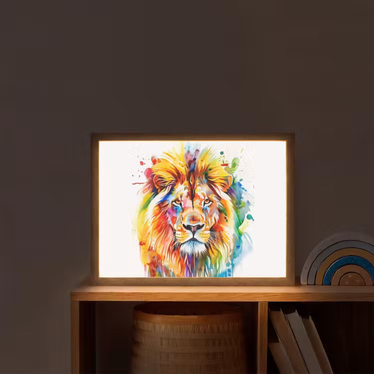 Leeuw - Verf - Kleurrijk - Wit - Dier Light Box met batterij (Wandlamp kind) middel -sfeer1_kind