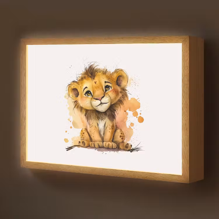Leeuw - Waterverf - Bruin - Dieren - Meisjes - Jongens Light Box met batterij (Wandlamp kind) middel -z3d_website