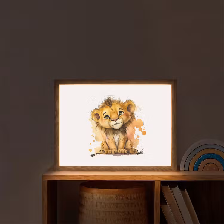 Leeuw - Waterverf - Bruin - Dieren - Meisjes - Jongens Light Box met batterij (Wandlamp kind) middel -sfeer1_kind